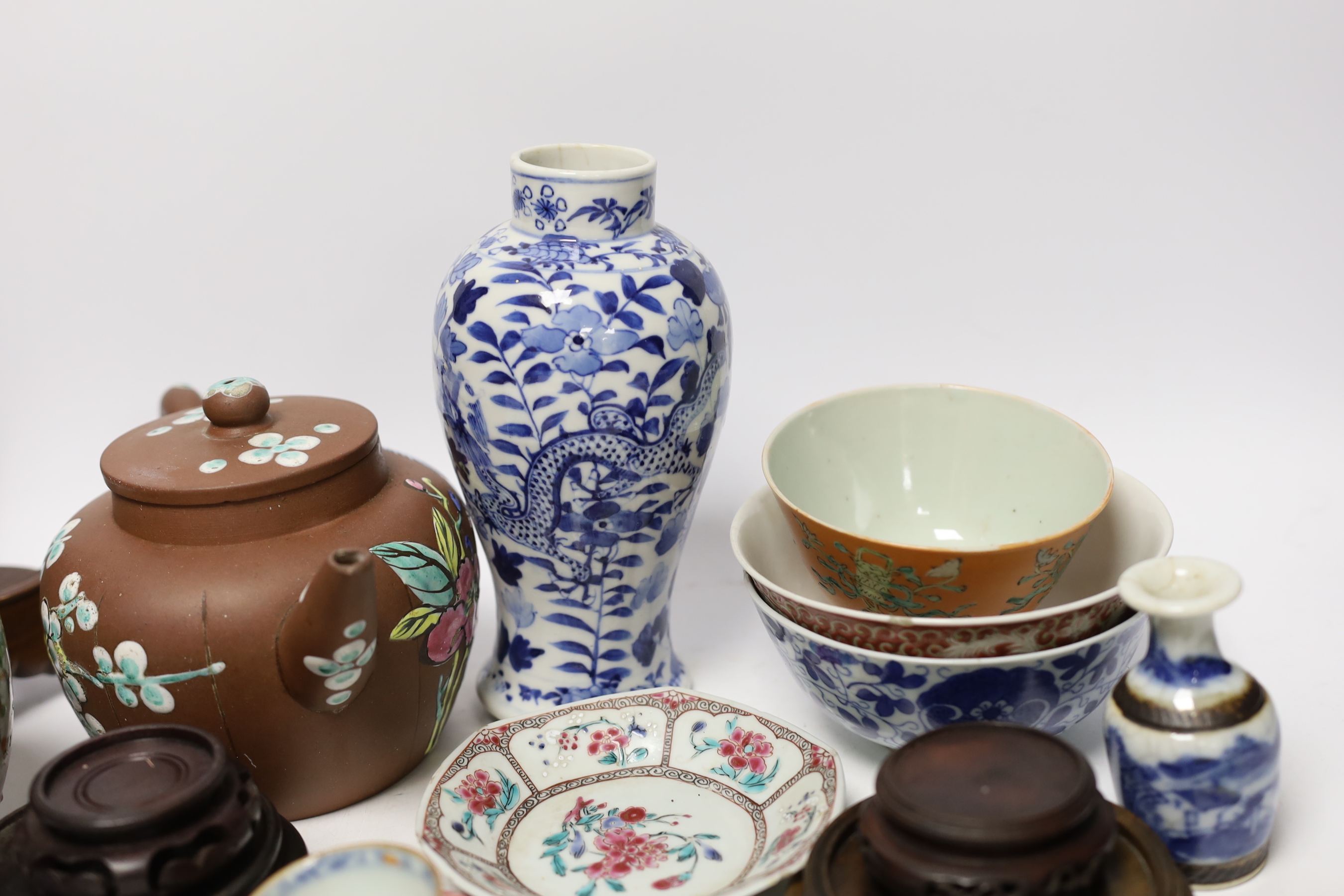 A collection of Chinese vases, pots and carved hardwood stands (18)